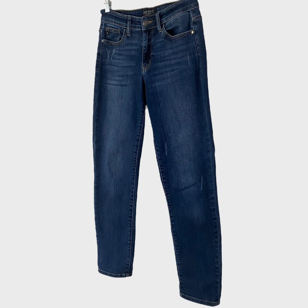 Judy Blue Slim Fit Denim Jeans Blue Women's Size 26 Mid-Rise Distressed Tapered - Picture 2 of 10